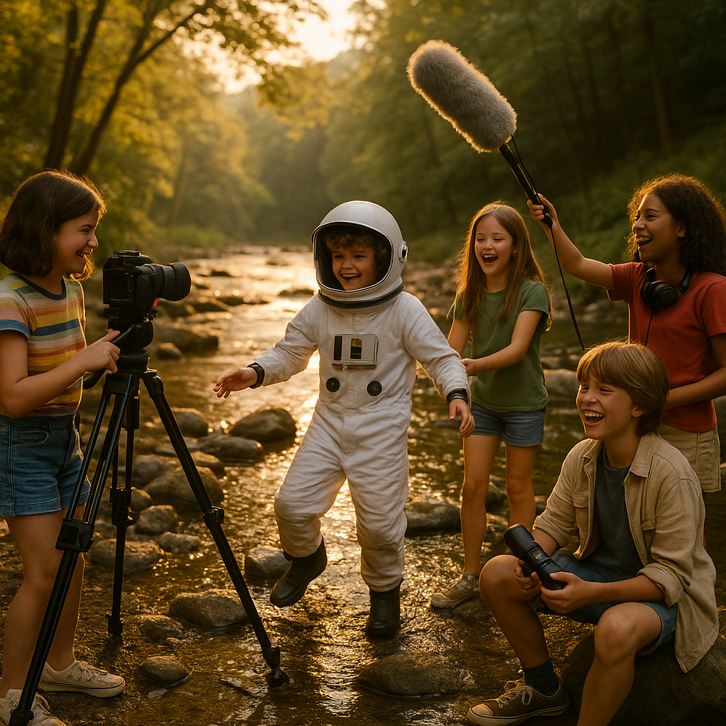 A group of children joyfully filming by a river, featuring a boy in an astronaut costume and friends using a camera and audio equipment.